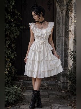 Vintage 60’s-70’s Candi Jones Size 7 Ivory Ruffle Tiered Sateen Dress with Sash,
